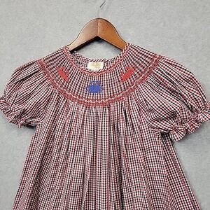 Rosalina Collections Smocked Dress Girls 7Y Embroider Crab Red White Blue Checks